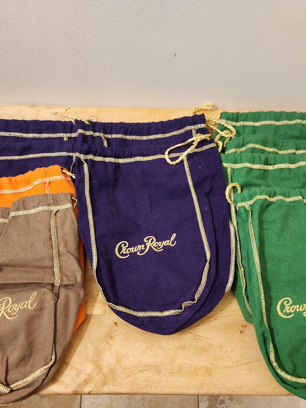 Crown Royal Purple, Green, Orange And Brown Drawstring Pouch Lot Of 10